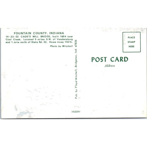 Cade's Mill Bridge Fountain County IN Vintage Covered Bridge Postcard PC14 - Picture 2 of 2